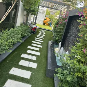 Luxury villa landscaping project in Dubai by Green Horizon Swimming Pool & Landscaping LLC featuring premium garden design, soft landscaping, hardscaping, and outdoor living spaces.