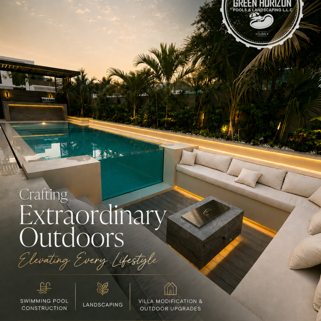 Luxury villa swimming pool with landscaped garden and outdoor living area in Dubai