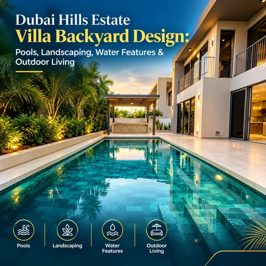 Luxury villa backyard with swimming pool and landscaping in Dubai Hills Estate