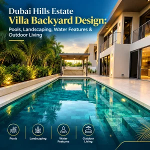 Luxury villa backyard with swimming pool and landscaping in Dubai Hills Estate