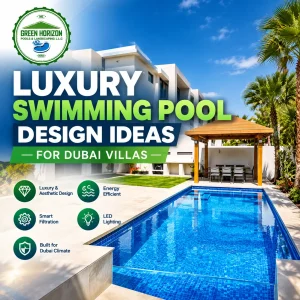 Luxury custom swimming pool with landscaping and outdoor living features at a Dubai villa