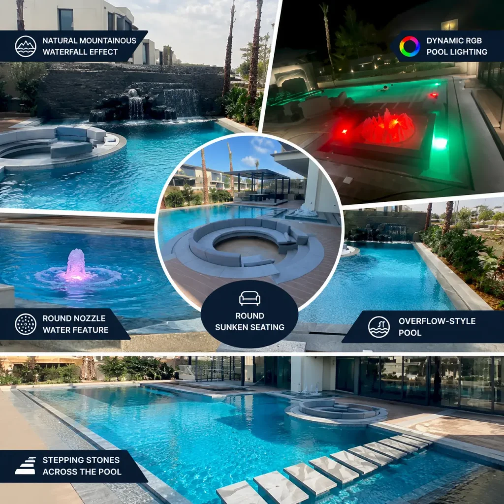 Luxury Dubai villa swimming pool with waterfall, sunken seating, RGB lighting, water feature and stepping stones