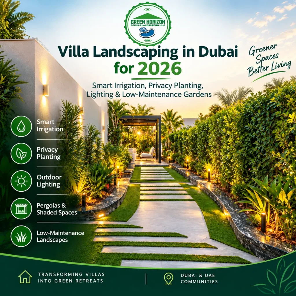 Explore villa landscaping ideas for Dubai in 2026, including smart irrigation, privacy planting, outdoor lighting, pergolas and low-maintenance garden design.