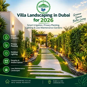Explore villa landscaping ideas for Dubai in 2026, including smart irrigation, privacy planting, outdoor lighting, pergolas and low-maintenance garden design.